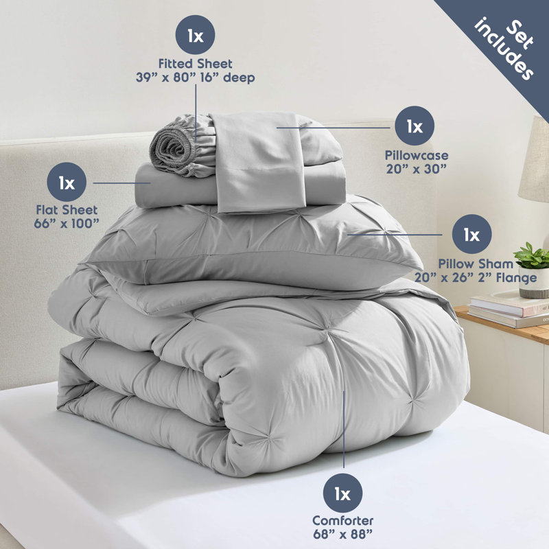 Bed-in-A-Bag Pleated Comforter Set with Bed Sheets, Light Gray, Twin Extra Long Comforter + 4 Additional Pieces