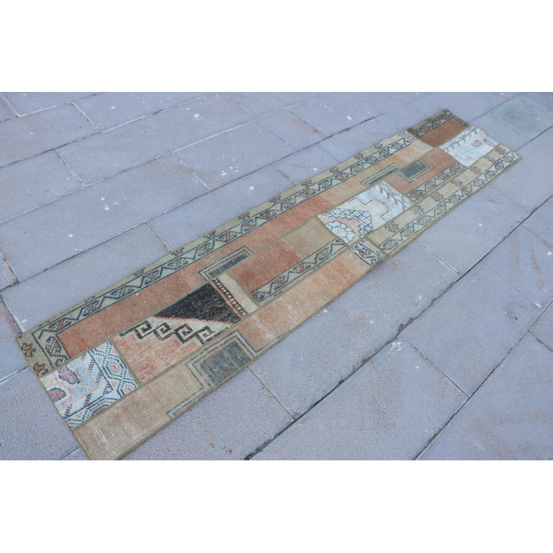 Vintage Turkish Anatolian Patchwork Runner Rug for Hallway - Vibrant Orange Oushak Design