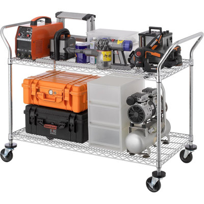 2-Tier Commercial Grade Rolling Cart, Heavy Duty Utility Cart, Carts with Wheels and Handles, Kitchen Cart on Wheels, Metal Serving Cart with 700 lbs Capacity