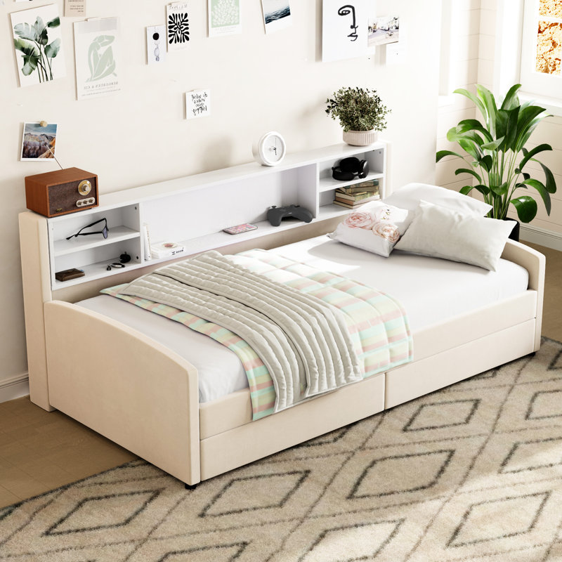 Lit simple tapissier beige avec rangement de tiroir et tablette latérale - Spacieux, fonctionnel avec revêtement en velours de tiroirs, tête de lit confortable, spacieux pour l'organisation des essentiels