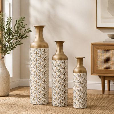 Vases décoratifs en métal, ensemble de 3 vases de sol avec motif de ventilateur pour la décoration intérieure, grands vases à fleurs pour le salon (32,68 po, 25,98 po, 19,69 po)