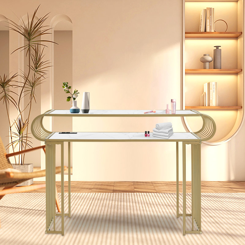 Rumonda Modern Vanity Makeup Desk with Built-in Power Strip, Nail Desk with Metal Frame