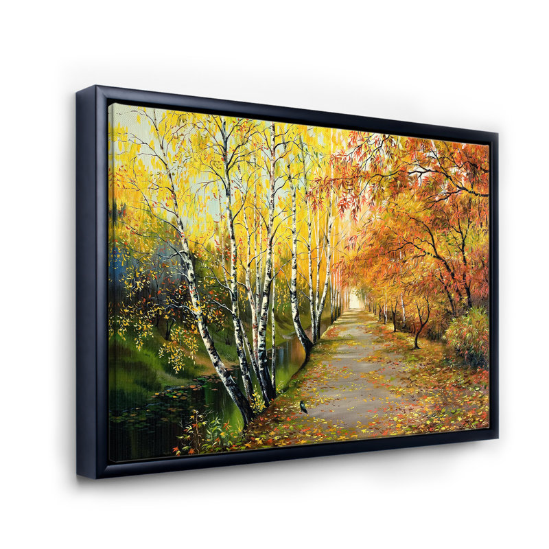 River in the Autumn Woods - Peinture sur toile, H 16 po x l 32 po x p 1 po, Cadre flottant noir