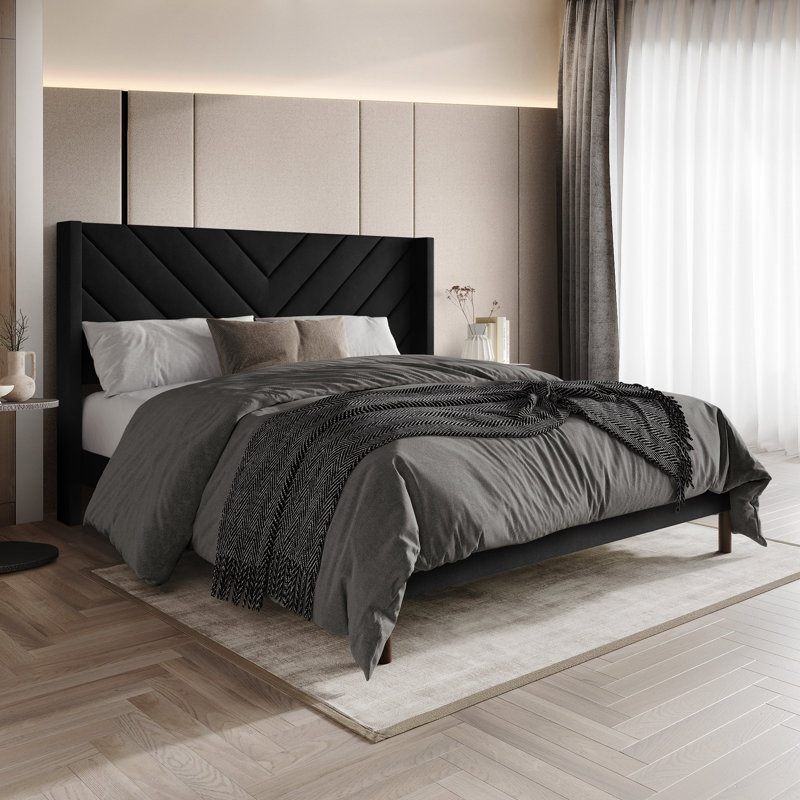 Velvet Upholstered Wingback Bed, Black, Full