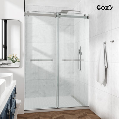 56-61" W X 76" H Frameless Double Sliding Shower Door with 3/8" (10mm) Clear Tempered Glass, Shatter-Resistant Film & Installation Hole Locator