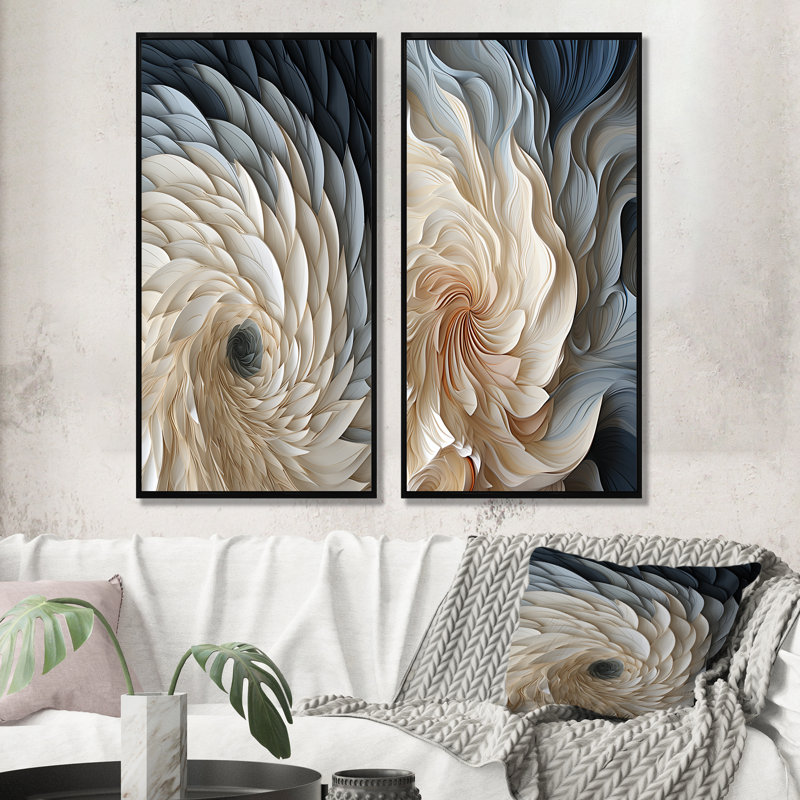 Plume blanche et bleue en spirale I - ensemble de 2 décorations murales géométriques abstraites, Cadre flottant noir