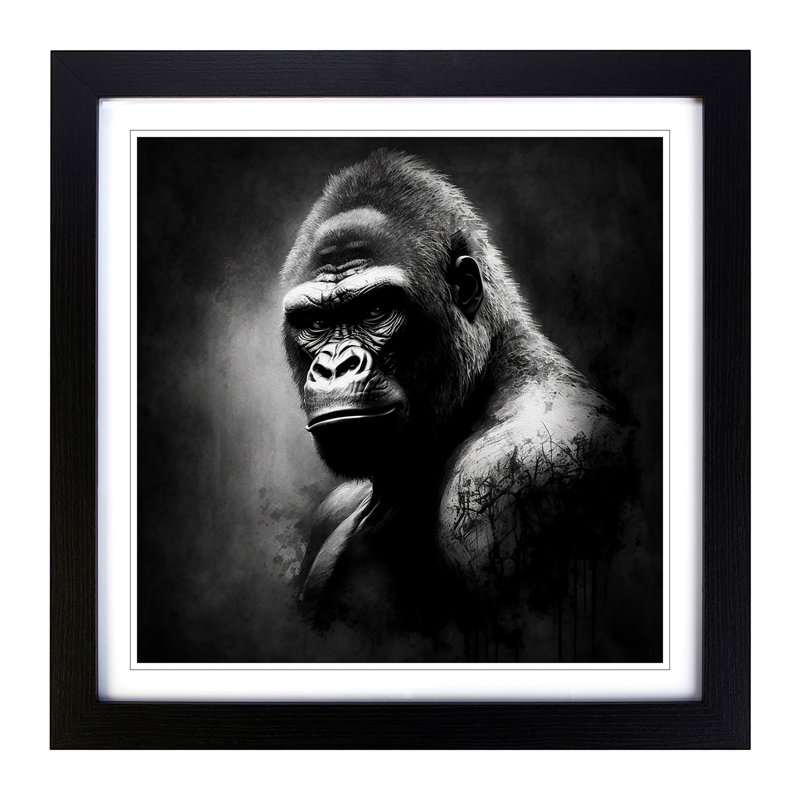 Gorilla Drawing - Single Picture Frame Print on Wood, Black