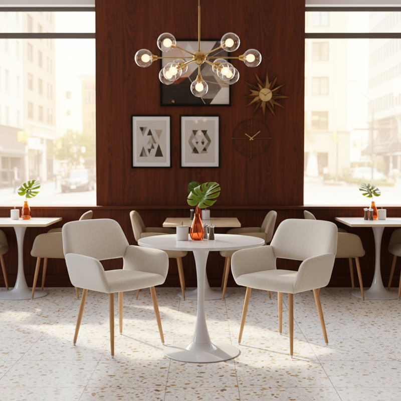 3-Piece Modern Round Dining Table Set With Upholstered Armchairs, Mid-Century Kitchen & Dining Furniture, Beige/Gold, White