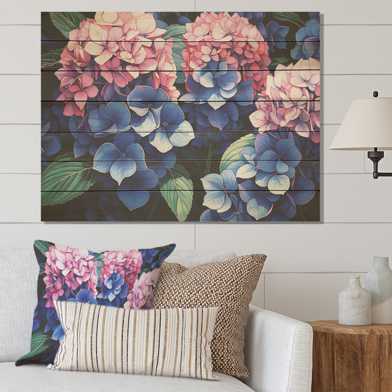 Hortensia rose et mauve harmonie I - hortensia sur bois, H 10 po x l 20 po