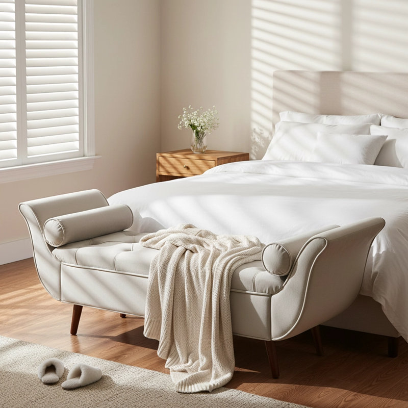 Velvet Upholstered Storage Bench, Beige