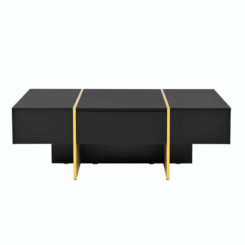 Modern Multi-Storage Rectangle Sofa Table with Golden Wood, Black