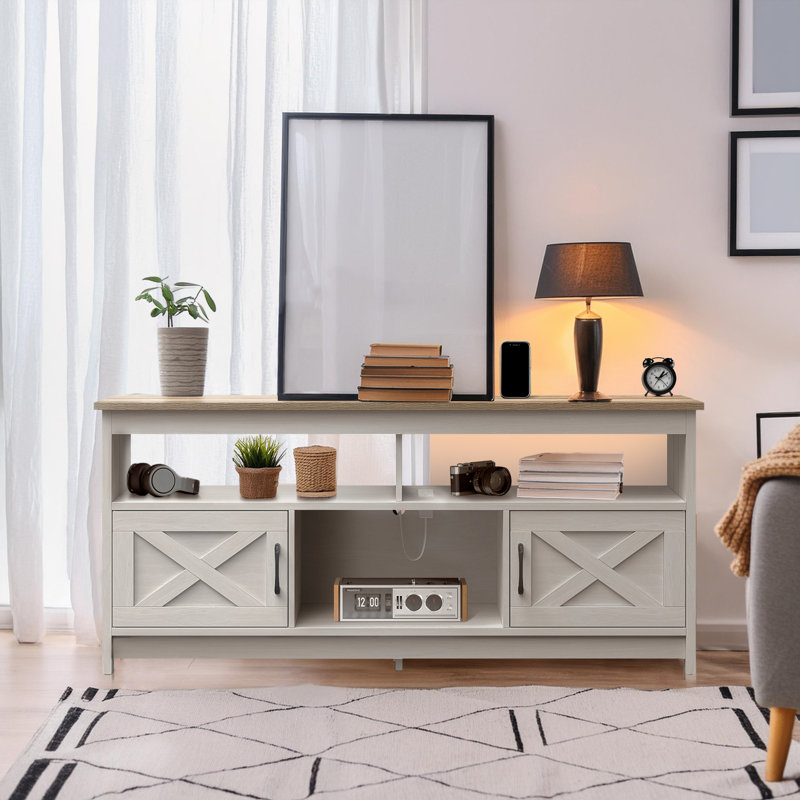 Leighia Modern Farmhouse TV Stand, Media Center, Multifunction Sideboard with Charging Station, White/Oak, 59"