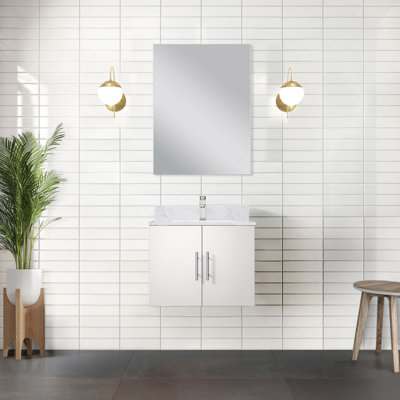 Meuble-lavabo blanc brillant l 24 po x P 22 po, comptoir et robinet en marbre, miroir 18 po, finition grattée et teintée, meuble-lavabo 24 po 22 po, comptoir, 18 couches de revêtement