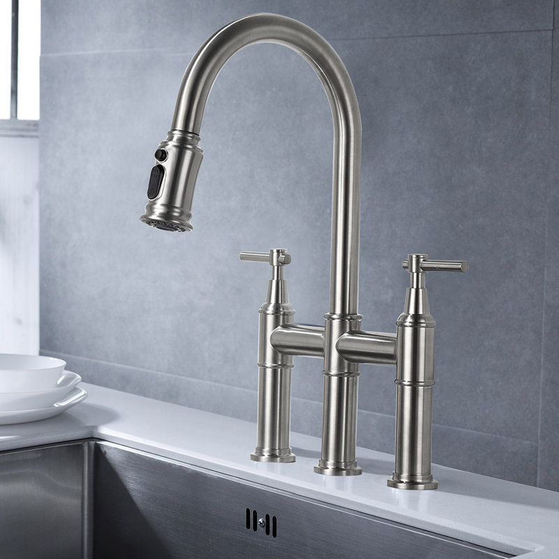 Bridge Kitchen Faucet With Pull-Down Sprayhead In Spot, Brushed Nickel