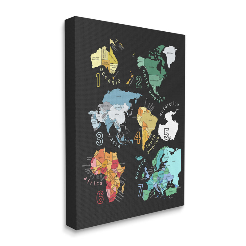 "Sept Continents", carte informative, cadre détaillé, impression sur bois aggloméré, Toile tendue, L 16 po x H 20 po