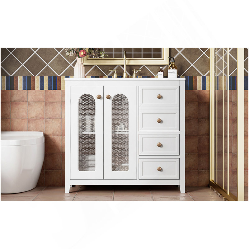 Meuble-lavabo de 36,02 pouces avec deux portes à fermeture douce, des tablettes réglables et trois tiroirs