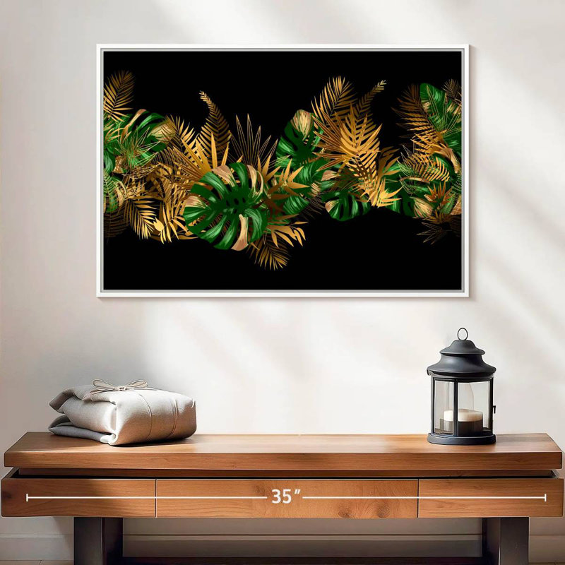 Feuilles dorées et vertes, Cadre flottant blanc, 25 po x 17 po