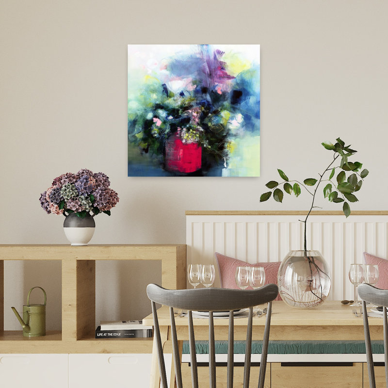 Fleurs dans un pot rose, art abstrait contemporain, H 18 po x l 18 po
