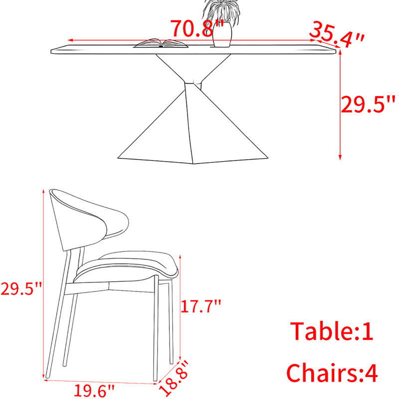 Ensemble de table de salle à manger en bois massif de style italien, H 29,5 po x L 70,8 po x l 35,4 po