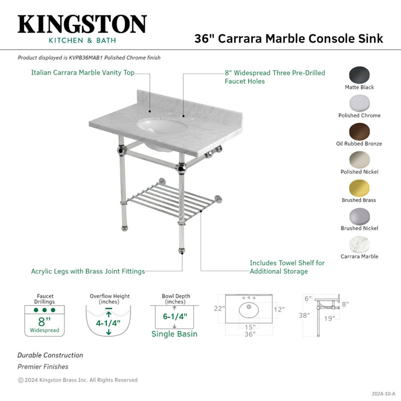 Kingston Brass Templeton 36-Inch Carrara Marble Console Sink with Acrylic Legs and Shelf (8-Inch, 3-Hole)