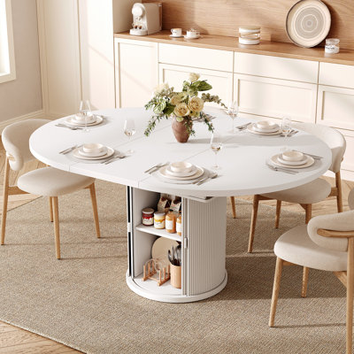 47”-63” Extendable Dining Table For 4 To 6 People, Farmhouse Kitchen Table With 2-Tier Storage Shelf And Fluted Sliding Door Cabinet