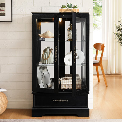 Vitrine en verre éclairée à assemblage rapide avec tablettes réglables, embout et design rétro, noir, pour un décor compact, un tiroir de style élégant, ampoule à DEL incluse, salon