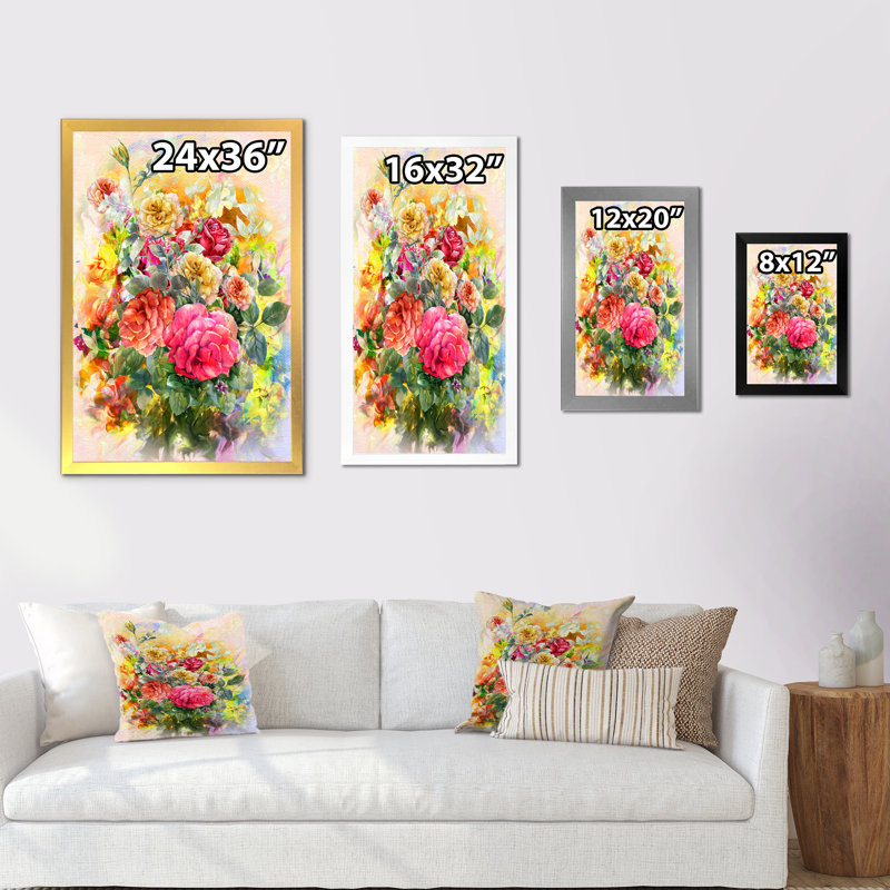 Fleurs de jardin rétro vintage - décoration murale traditionnelle sur toile, H 20 po x l 12 po x P 1 po, Cadre photo blanc