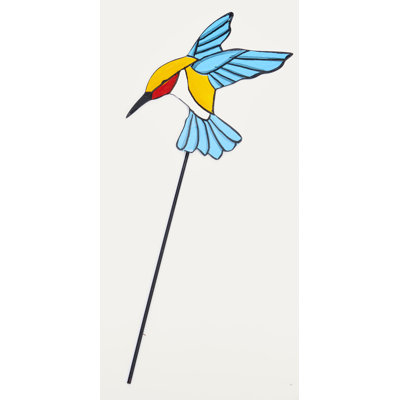 7" Iron Colorful Hummingbird on 10" Planter or Garden Floral Stake