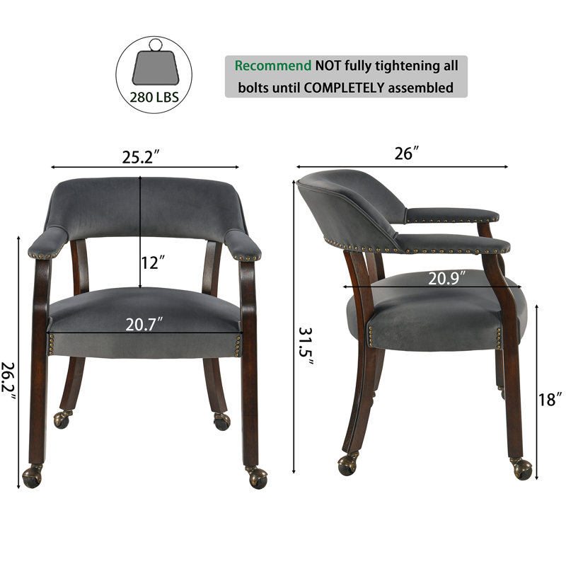 Wexford Collection Mid-Century Modern Upholstered Fabric Dining Chair, Wood Accent Chair with Arms and Casters for Dining Room, Vanity or Office, Velvet-Look Black Dining Chair