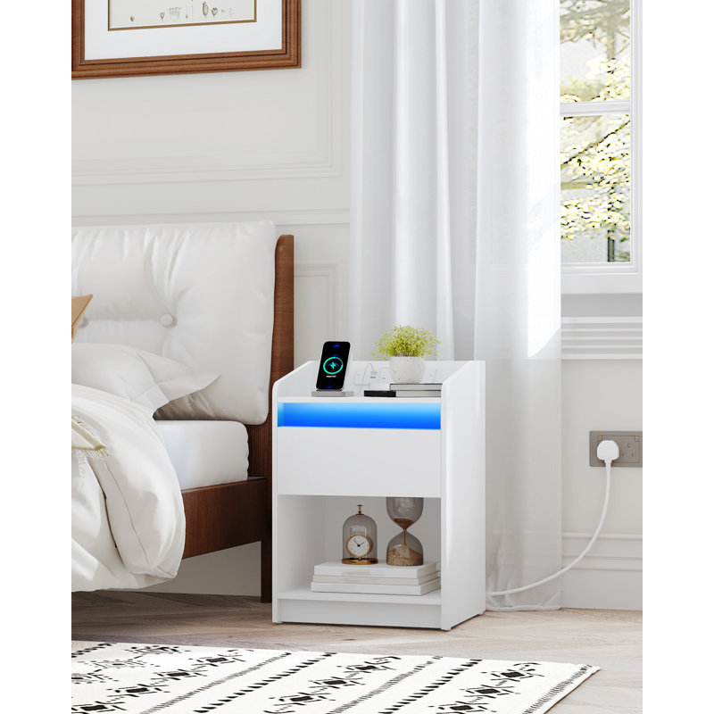 Bedside Table with LED Light, Bedside Cabinet with Charging Station, 1 Storage Drawer Nightstand for Bedroom, Living Room, 2 USB Port, 2 Outlets, Open Compartment
