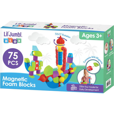 Ensemble de blocs de construction magnétiques 75 pièces Lil 'JUMP Blox, jouets durables et imperméables pour tout-petits 3-6