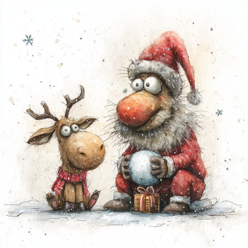 Drôle de père Noël et de renne sur toile, H 20 po x l 20 po