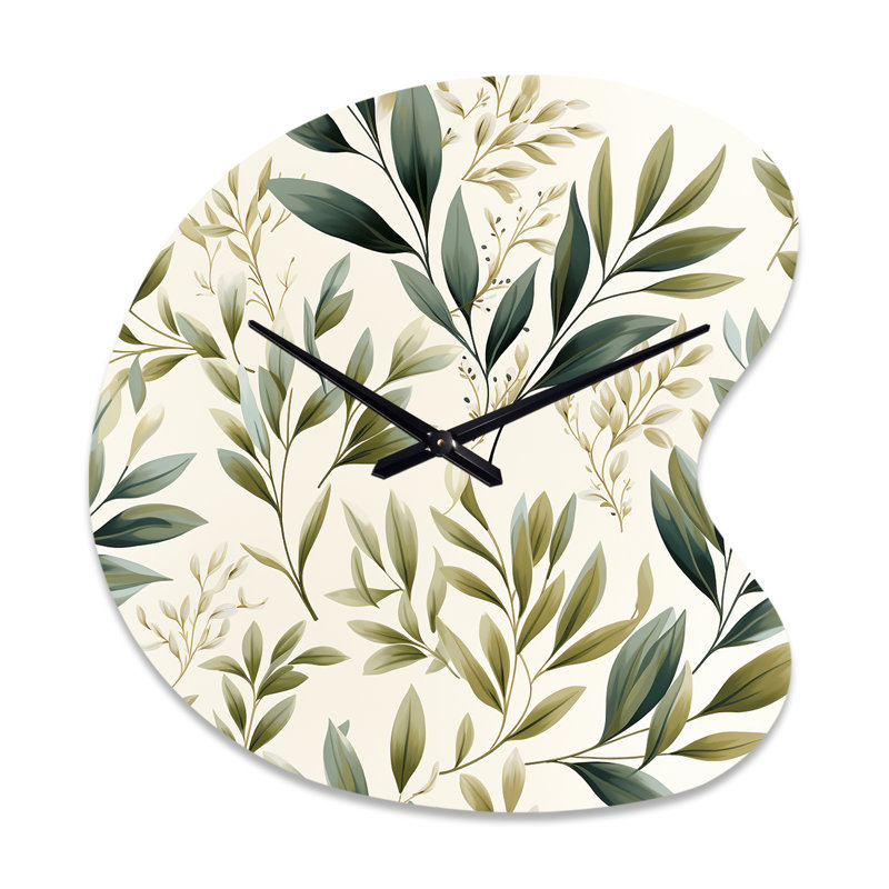 Tranquil Leaves - Plants Asymmetrical Metal Clocks, Green Irregular Shape Metal Wall Clock Print, Large