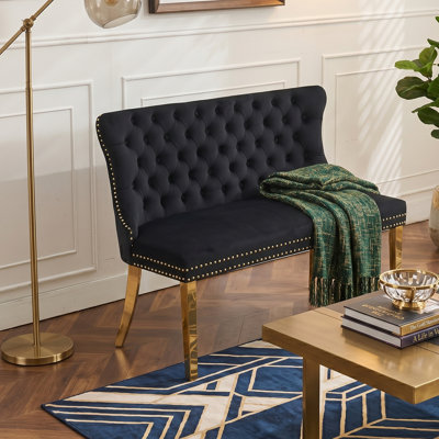 45.6" Velvet Dining Loveseat Bench With 47 Handmade Tufted Buttons, 2-Seat Wing Back Kitchen Seating With Gold-Plated Steel Legs - Black