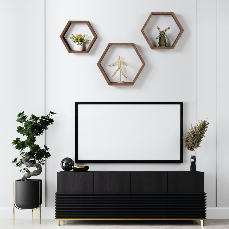 Emeria 3 Piece Hexagon Floating Shelf, Brown