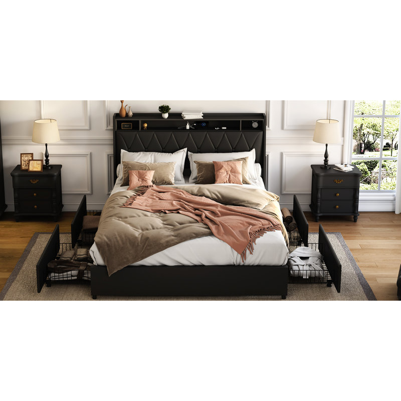 Full Size Bed Frame With Headboard, Storage, And , Noise- Metal, Black, No Box Spring Requirement, Bedroom Creativity Ergonomic & , Needed, Outlets Storage Shelf, Black Metal