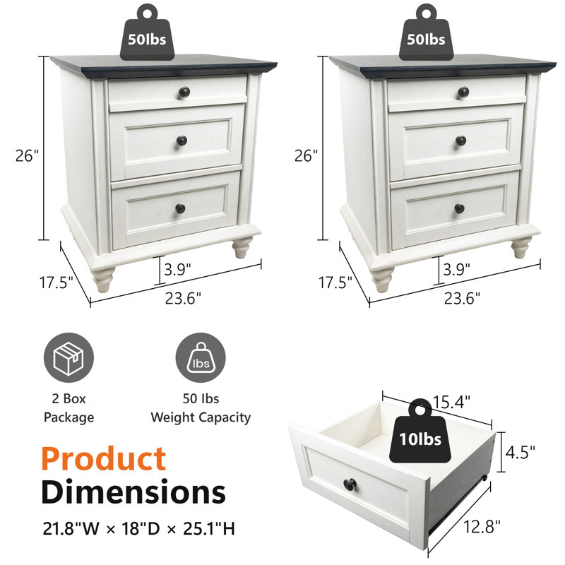 Ensemble de 2 tables de chevet avec 3 tiroirs de rangement Rutland, Blanc