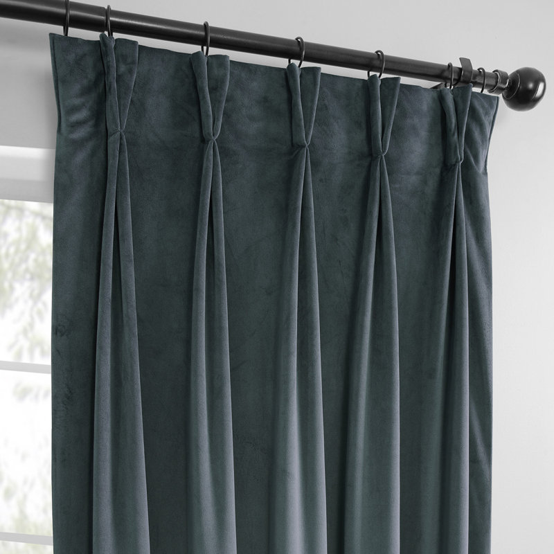 French Pleat Heritage Plush Velvet Room Darkening Single Curtain Panel, London Blue, 25" W x 96" L