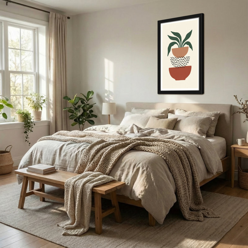 Plante abstraite dans des pots empilés avec motif en pointillé, H 12 po x l 18 po