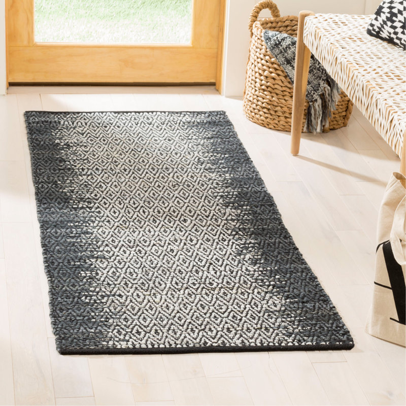 Exley Hand Woven Leather/Cotton Geometric Rug in Gray, Runner 2'3" x 9'
