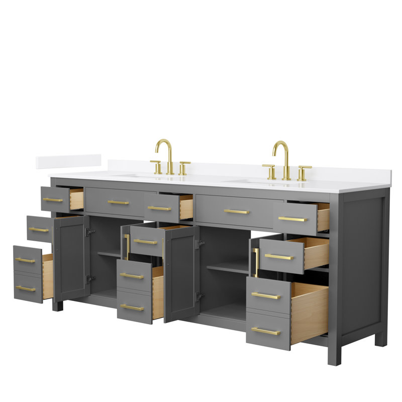Beckett 84" Freestanding Double Bathroom Vanity with Quartz Top, Dark Gray, Brushed Gold, White Quartz