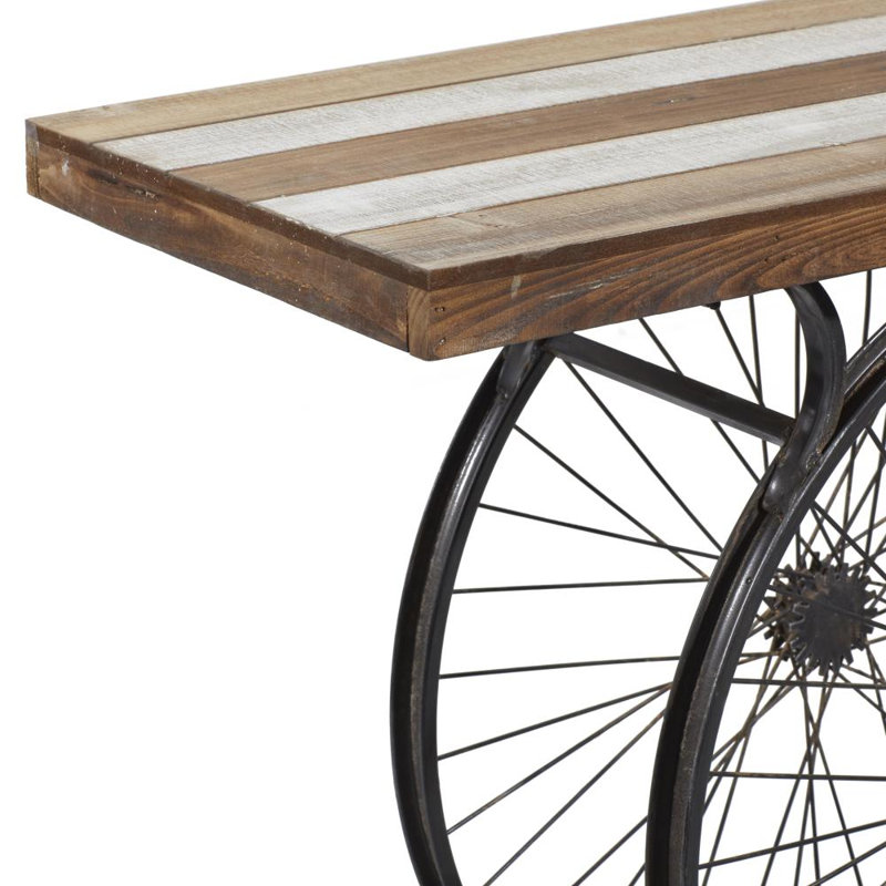 Console en bois brun à large plateau en lattes avec base en forme de deux roues de vélo Crider