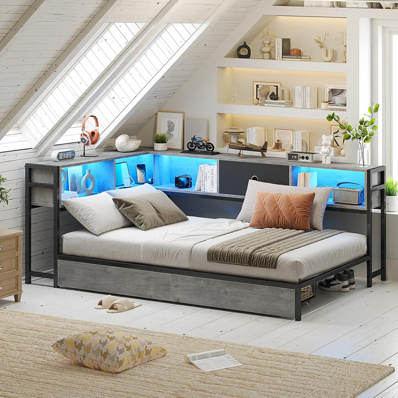 Corner Bed Frame  With Led Light And Charging Station, Modern  Bed With Bookcase And 2 Underbed Storage Drawers, Modern Daybed No Box Spring Needed/noise-free