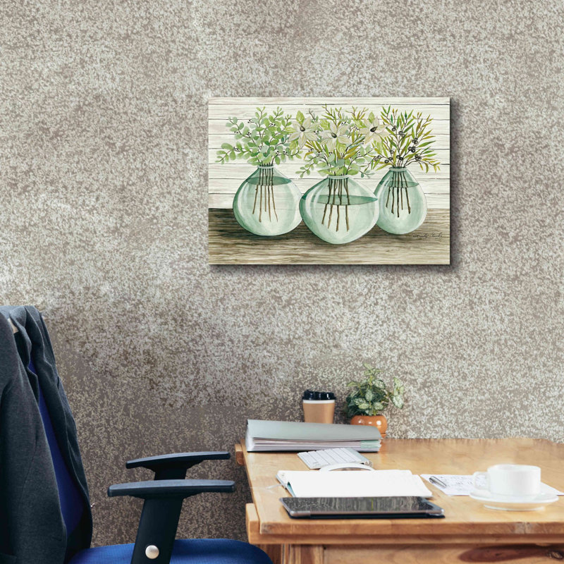 «Eucalyptus in Glass Vases» par Cindy Jacobs, art mural sur toile, H 18 po x l 26 po x P 0,75 po