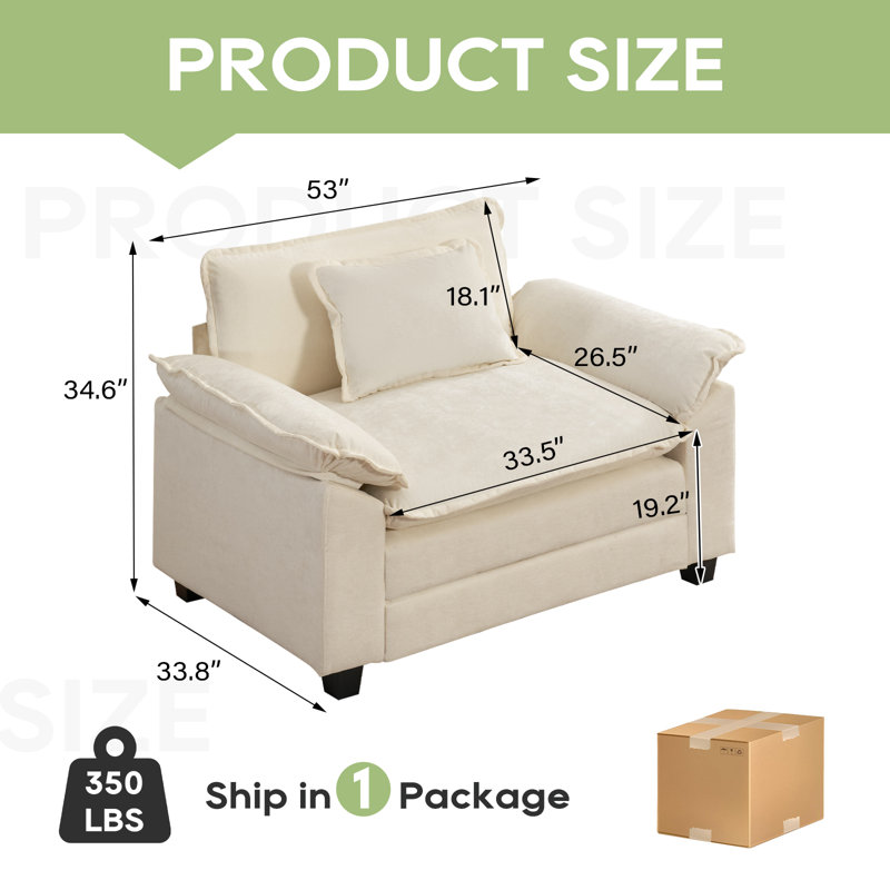 53" Comfy Cloud Couch Deep Seat Sofa Chair With Throw Pillow For Living Room Bedroom, Beige White Chenille