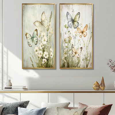 «Soft Color Spring Playful Butterflies I», ensemble de 2 reproductions d'art mural