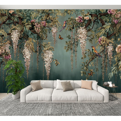 Floral Peel and Stick Wallpaper Vibrant Tropical Birds Butterflies Soft Muted Floral Scene Wall Murals 100"H x 144"W Removable PVC Wall Paper Self-Adhesive Wall Decor for Bedroom Living Room Home Office