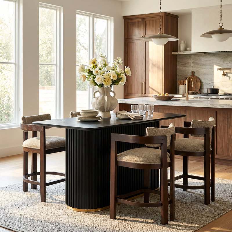 Kyra 5-Piece Mid-Century Modern Rubberwood Counter Bar Set With Upholstered Curved-Back Stools