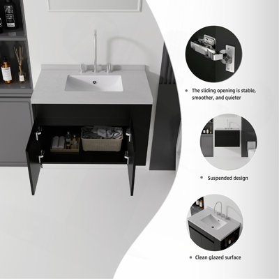 Meuble-lavabo suspendu de 76 cm avec lavabo, porte à fermeture amortie, comptoir et dosseret en marbre reconstitué granit de 5 cm, contreplaqué