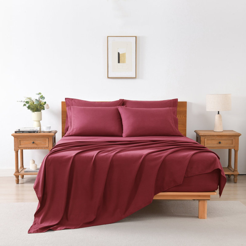 4/6 Pcs Soft Solid & Embroidery Bed Sheets Set, Burgundy, Queen